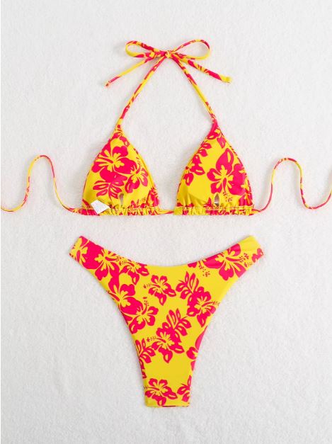 Maillot de Bain Fleuris 2 Pièces Jaune et Orange