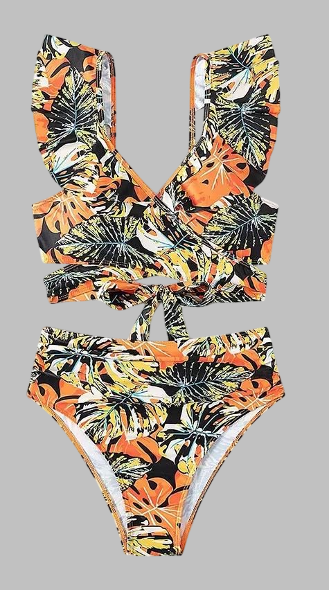 Maillot de Bain Ethnique 2 Pièces Noir Jaune et Orange