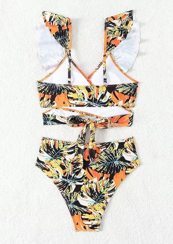 Maillot de Bain Ethnique 2 Pièces Noir Jaune et Orange