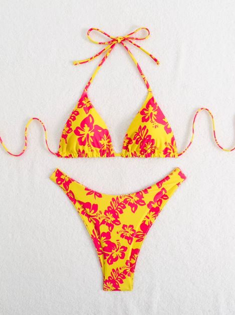 Maillot de Bain Fleuris 2 Pièces Jaune et Orange