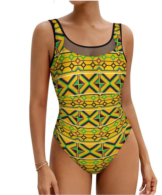 Maillot de Bain Ethnique 1 pièce Jaune et vert