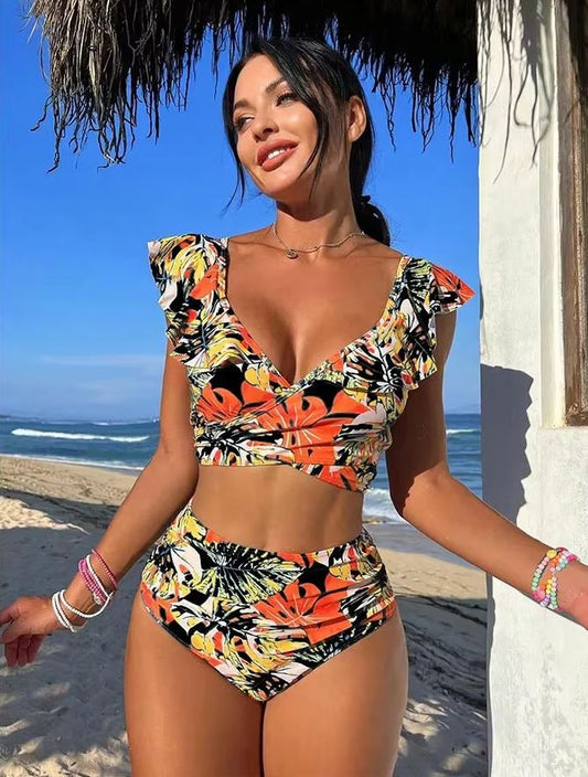 Maillot de Bain Ethnique 2 Pièces Noir Jaune et Orange