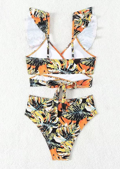 Maillot de Bain Ethnique 2 Pièces Noir Jaune et Orange