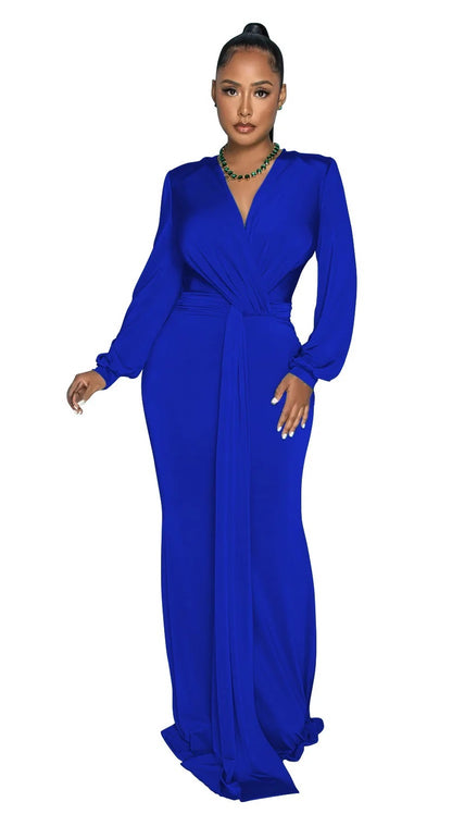 Blue Love: Robe de soirée Froncée, Col V à Manches Longues(4 coloris)