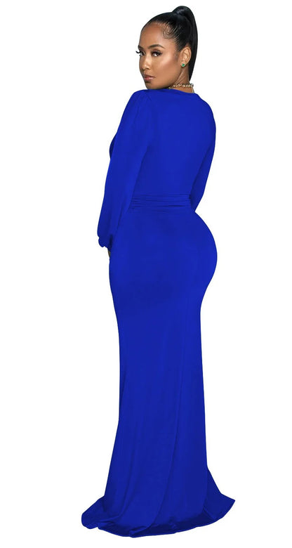Blue Love: Robe de soirée Froncée, Col V à Manches Longues(4 coloris)