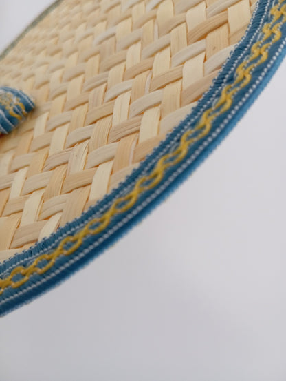 Fifalan: Eventail rond - En paille tissée - coloré bleu
